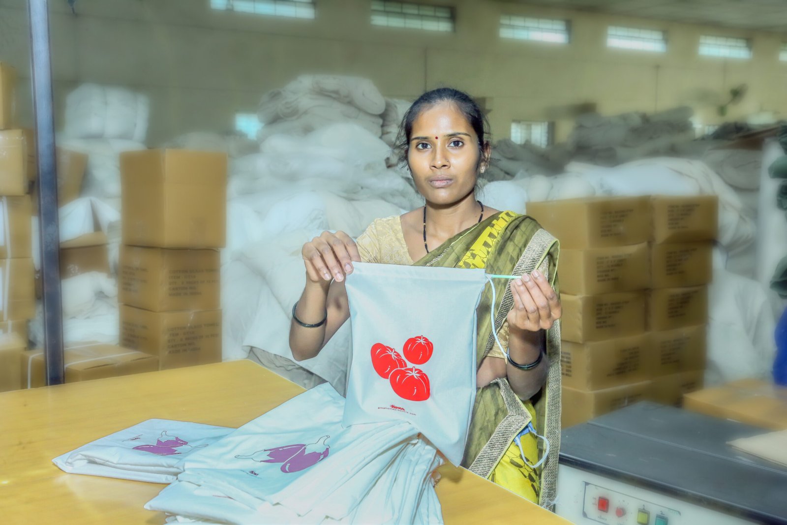 Lady putting drawstrings to the bag Lady putting drawstrings to the bag
